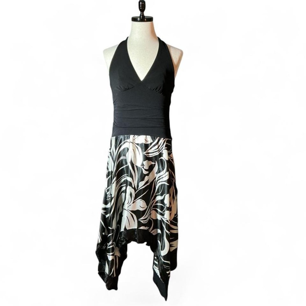 Y2K Studio Y Black Floral Halter Dress‎ Midi Asymmetrical Hem